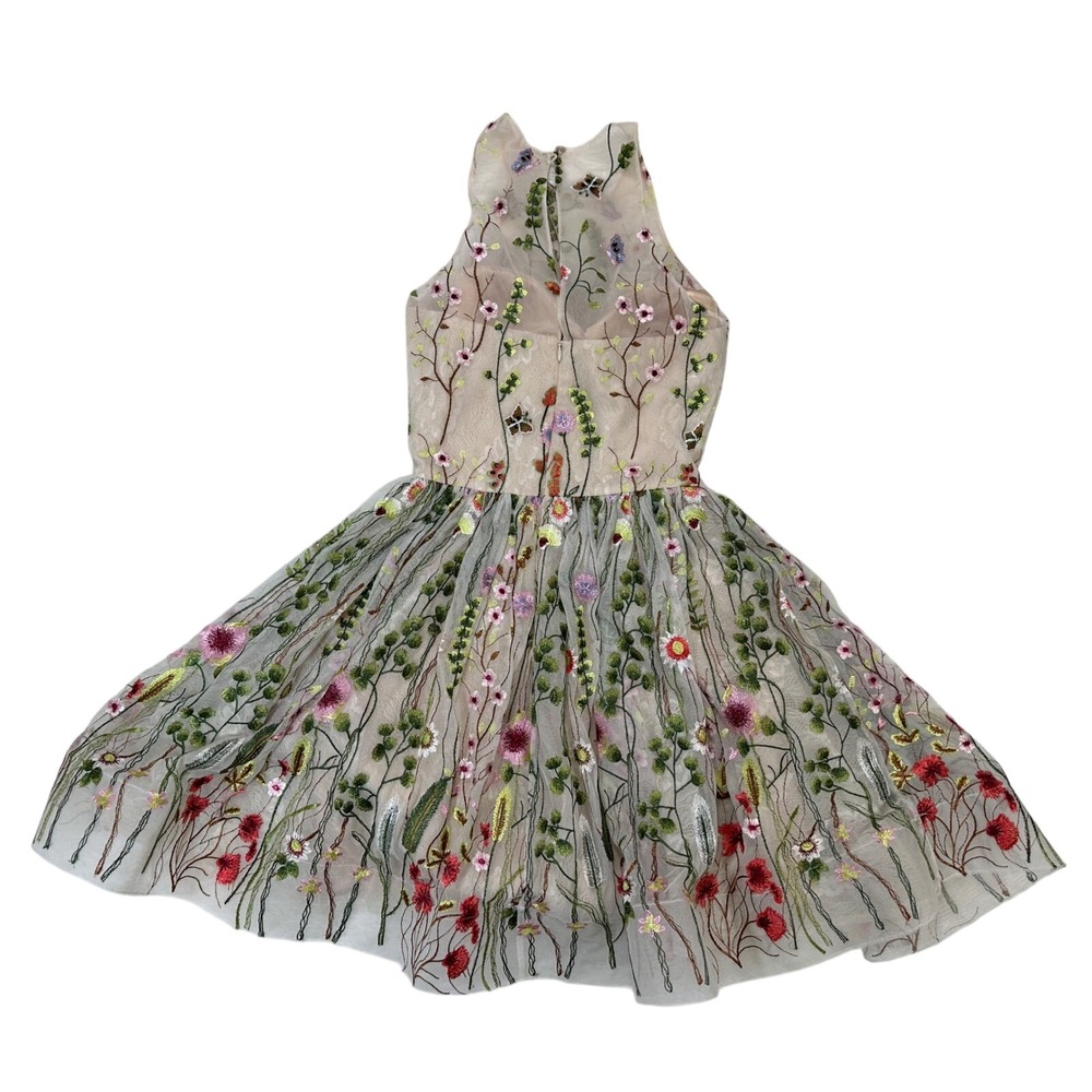Terani Couture Women's Beige Floral Embroidered Tulle Halter Dress Size 2 - Picture 2 of 4